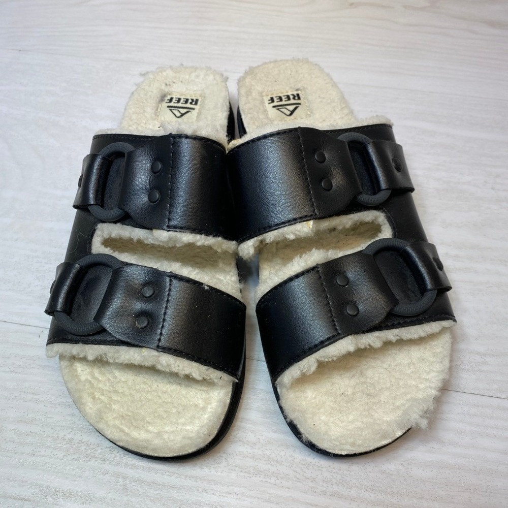 Reef Womens 7 Vera Cruz Cozy Sandals Slides Black Faux Fur Lined Buckle Straps